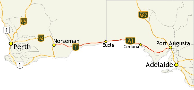 Figure 2. Map of the Eyre Highway showing central position of Eucla between Perth and Adelaide