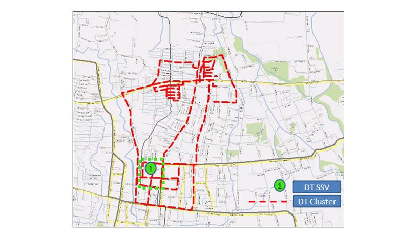 Figure 7. SSV Drive Test route and cluster Drive Test route after the implementation of RF band-pass filter node in UMTS Denpasar area